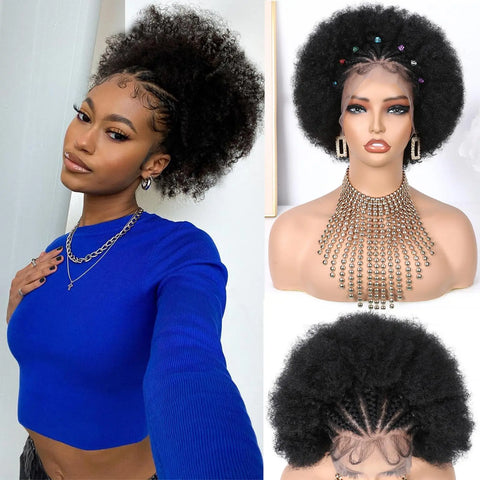 13x4 Lace Frontal Natural Black Afro Curly Human Hair with Braids for Black Women 6 Inches 100% Remy Hair Brazilian Hair Wig