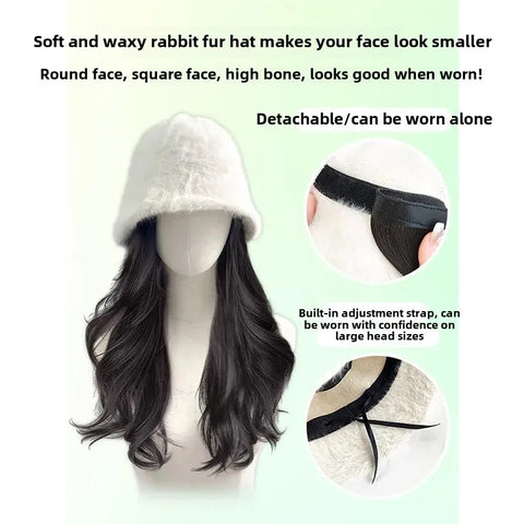 Women's Long Hair Wig Hat Integrated Natural Real Human Hair Fashion Autumn Winter Fisherman Cap Full Head Cover