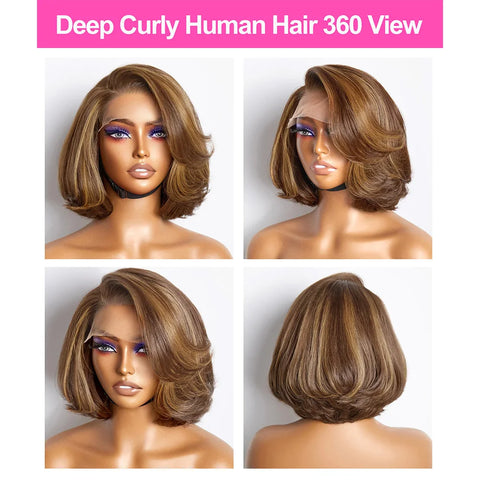 Dark Brown Color Bob 100% Human Hair Wigs Water Wave 13x4 HD Lace Front Bob Wigs Deep Wave Human Hair Lace Frontal Wig