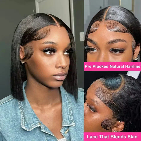 250% Density Glueless Bone Straight 13x6 Short Bob Half Lace Front Wig HD Frontal Braided Black 100% Human Hair Wigs