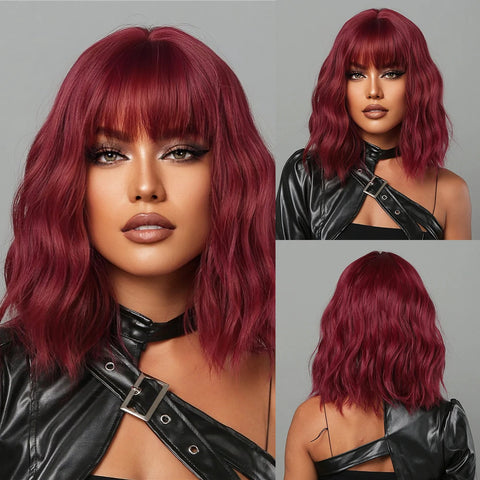 Short Bob Burgundy Straight Synthetic Wig with Bangs Wine Red Fake Hair for Cosplay Women Party Daily Use Heat Resistant Wigs