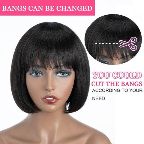 Short Bob Wigs Human Hair With Bangs None Lace Front Wigs Machine Made Brazilian Remy Straight Bob Wigs for Black Women No Glue