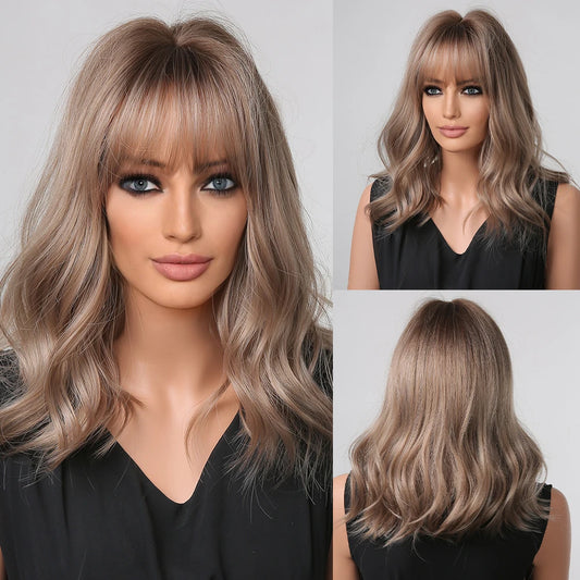 Light Pink Short Wavy Synthetic Hair Wigs with Bangs Cosplay Natural Shoulder Length Bob Wig For Women Afro Heat Resistant Fiber