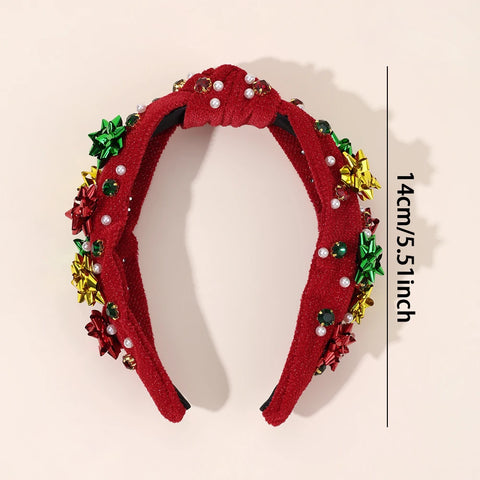 New Year Knot Wide Headband Christmas Snowflake Velvet Rhinestone Pearls Hair Hoop For Women Girls Xmas Headwear Accessories