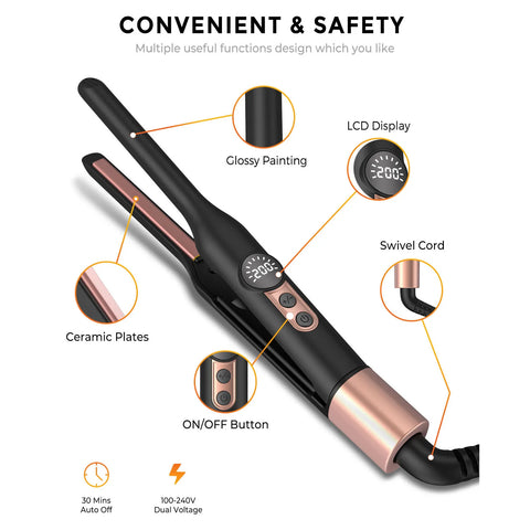 3/10 Inch Pencil Flat Iron Small Flat Irons for Short Hair Beard and Pixie Cut Mini Ceramic Tourmalin Hair Straightener