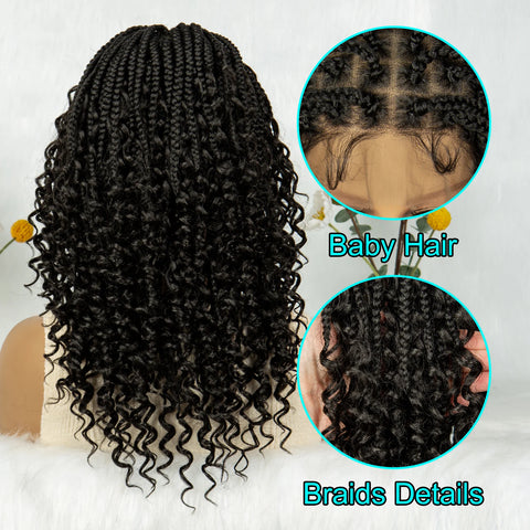 Short Boho Bohemian Box Braids Braided Wig Full Lace Boho Braided Wigs Synthetic Curly Hair with Baby Hair for Black Women