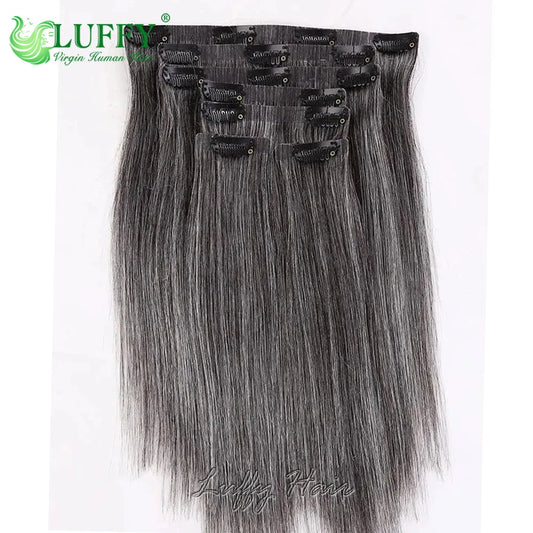 Salt Pepper Seamless PU Clip In Hair Extensions Straight Human Hair Skin Weft Gray Hair Color Clip Ins Human Hair For Women