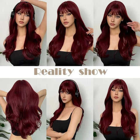Synthetic Burgundy Long Wavy Wig Wine Red Colorful Cosplay Lolita Wigs with Bangs for Women Afro Natural Hair Heat Resistant