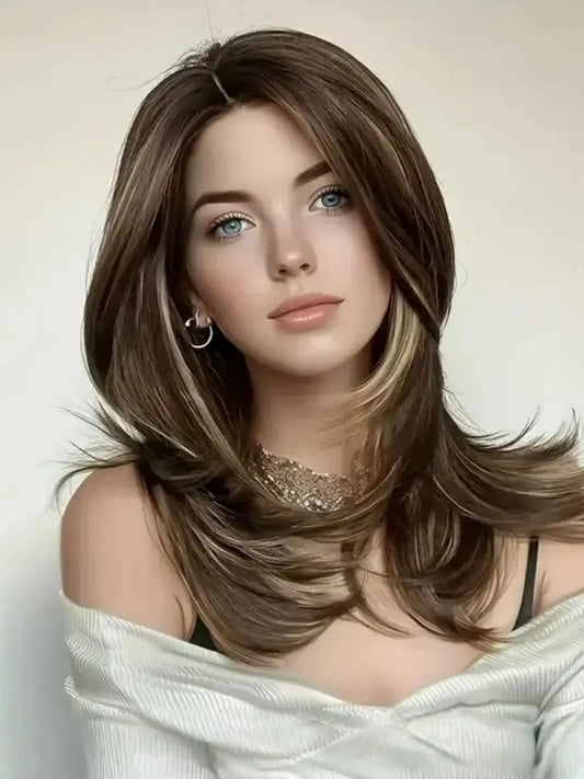 Glamorous Brown with gold highlights Wavy wig - heat-resistant synthetic wig for Halloween parties,Christmas Festival Wedding