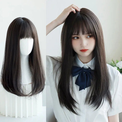 Korea Hair Extensions Synthetic Cute JK Girl Cosplay Air Bangs Wig Breathable Head Cover 50cm Long Straight Wig Hat for Women
