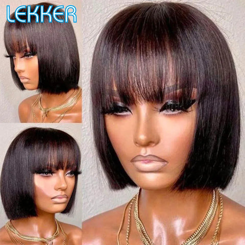 Lekker Ombre Brown Short Straight Bob 100% Human Hair Wig With Bangs For Women Brazilian Remy Hair Colored Full Machine Made Wig