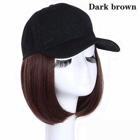Black Baseball Cap with Hair Extensions Synthetic Straight Short Bob Hairstyle Adjustable Hat Wig for Women Girl Ash Blonde