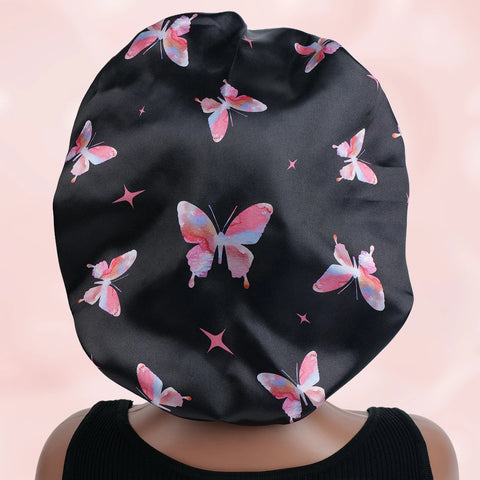 Satin Sleeping Cap for Women, Wide Elastic Band Bonnet with Butterfly Print, Soft & Breathable, Ideal for Curly Hair