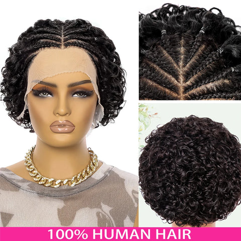 13X4 Curly Braid Human Hair Wigs Short Curly Wave Lace Frontal Wigs With Braided Pre Plucked Water Wave For Women Elegant Style