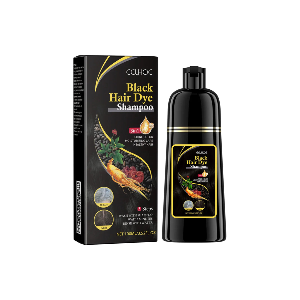 EELHOE 100ml Natural Plant Hair Dye Shampoo 3 in 1 Hair Color Shampoo for Gary Hair Quick Dark Black And Women Men Grey Coverage