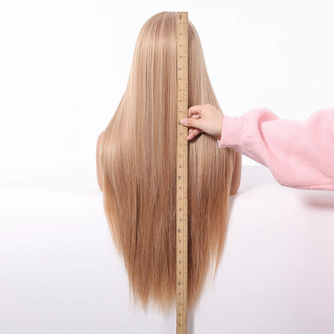 Long Straight Layered Synthetic Wig Ash Blond highlights with Bang for Women Christmas Party Daily Use Heat Resistant Fiber