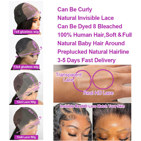 Deep Wave 7x5 13x4 Glueless Human Hair Ready To Wear 250% Pre Cut 13x6 Culry Lace Front Human Hair Wig Short Bob No Glue Wigs ﻿