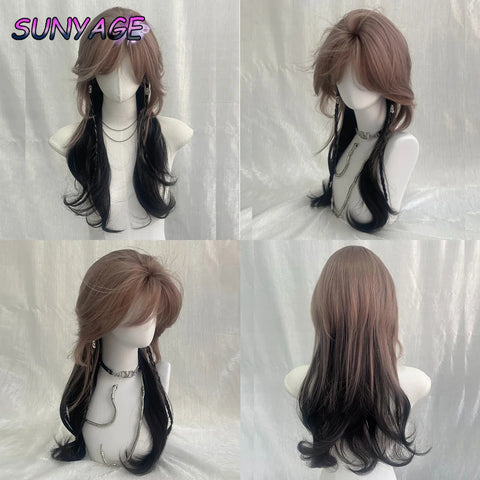 Pink Purple With Black Synthetic Wigs With Bang Jellyfish Head Hair Wig for Women High-layered Wolf Tail Cosplay Heat Resistant