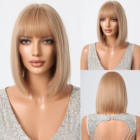 LOUIS FERRE Short Blonde Bob Synthetic Wigs With Dark Root Shoulder Length Blonde Straight Wig Mixed White Hair High Temperature