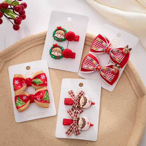 2Pcs/Set Christmas Baby Girls Hair Clips Ribbon Flower Tree Snowflake Resin Hair Bows Xmas Dance Party Hairpins Hairgrips