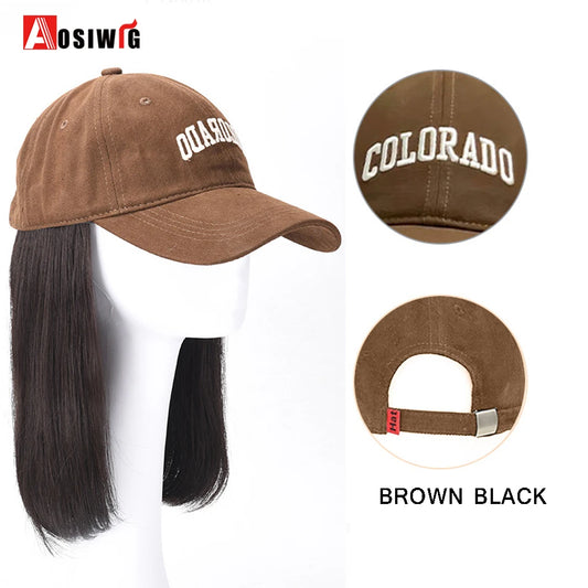 Long Wavy Synthetic Wig Baseball Rice White Cap With Hair Extensions Hat Wigs Natural Black Connect Wig Adjustable For Women