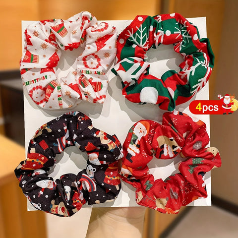 4pcs Set Fashionable Minimalist Girls' Christmas Hair Ties,High-Elasticity Non-Damaging Hair Bands with Christmas Element Prints