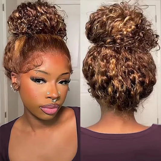 4/27 Curly Highlight Wig Human Hair Preplucked 360 Full Lace Front Wig HD Human Hair Ready to Wear Deep Wave Human Wig for Women