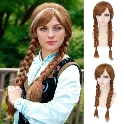 Synthetic Long Braided Brown Wigs with Bangs for Girls Anna Princess Wig Anime Cosplay Briad Wig for Halloween Christmas Party