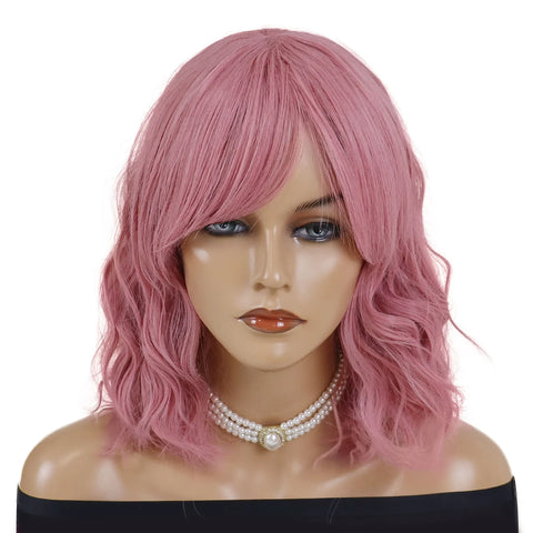 Natural Synthetic Hair Pink Short Wavy Wig for Women Curly Wigs with Bangs Water Wave Girls Cosplay Party Halloween Costume Wig