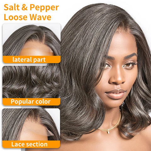 10Inch Salt and Pepper Loose Wave Lace Front Human Hair Wig Pre Plucked Short Bob Wigs Glueless Wigs Pre Plucked For Black Women