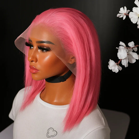 Straight Short Bob Pink Lace Front Human Hair Wig Colored Brazilian Closure 13x4 Glueless Transparent Lace Frontal Wig For Women