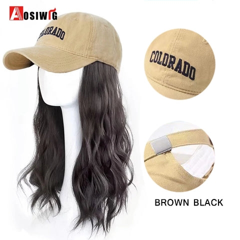 Long Wavy Synthetic Wig Baseball Rice White Cap With Hair Extensions Hat Wigs Natural Black Connect Wig Adjustable For Women