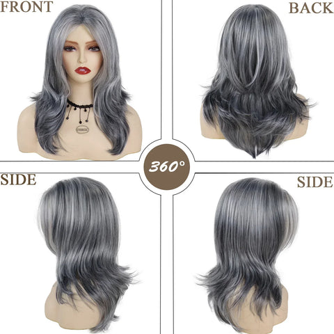 Synthetic Female Wigs Mix Grey Long Layered Wig Natural Silver Gray Wigs Women Salt and Pepper Hair Replacement Carnival Costume