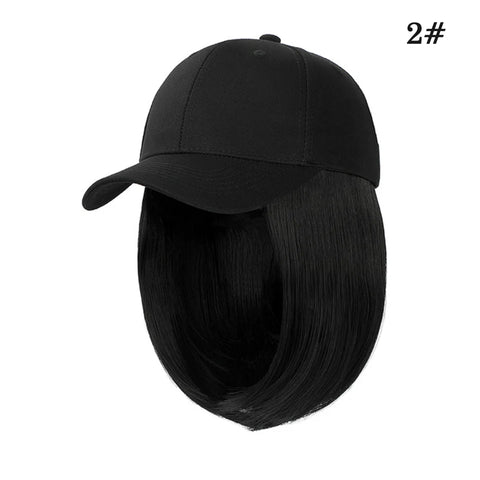 Synthetic Adjustable Black Hat Wigs Short Bob Straight Baseball Cap Wig Seamless Connection Hair Extensions for Women