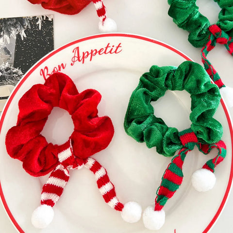 2PCS Christmas Velvet Scrunchies, Elf Hat Striped Hair Ties with Pom Poms,Xmas Party Hair Accessories for Women Girls Christmas