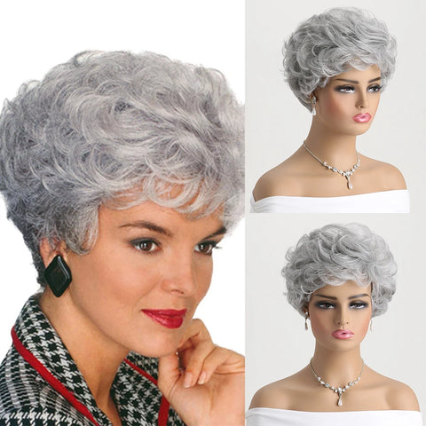 Short Natural Wigs with Bangs Soft Mommy Hair Daily Use Short  Grey Ombre Curly Synthetic Hair Costume Party Wig for Women