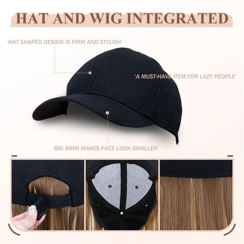 Synthetic Hat Wig with Long Straight Black Hair Baseball Cap Hair Extension Stylish & Convenient All-in-One Design for Women