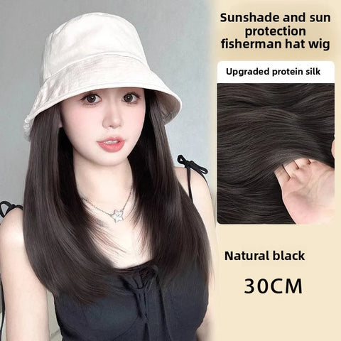 Hat Wig One-Piece Female Natural Fashion Sun-Proof Sun-Proof Bucket Hat Straight Hair Synthetic Wig Full-Head  wigs for women
