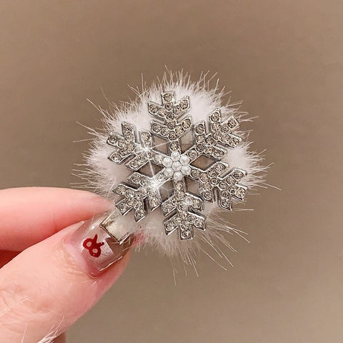 Winter Women Plush Fur Snowflake Hair Clips Sweet Exquisite Rhinestone Duckbill Hairpin Korea Fashion Christmas Hair Accessories