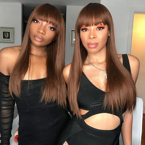 Chocolate Brown Layered Straight Wigs with Bangs Synthetic Layered Cut 3X1 Lace Glueless Wig 4# Brown Color 180% Density
