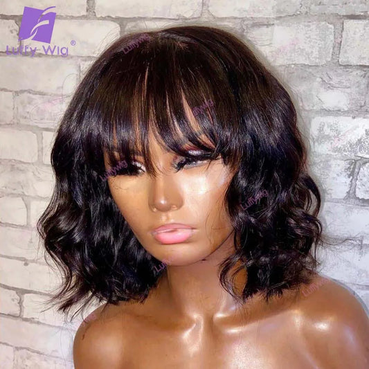 Short Bob Human Hair Wigs With Bangs Brazilian Remy O Scalp Top Bang Wig Glueless 200 Density Wavy Bob Wig For Black Women Luffy
