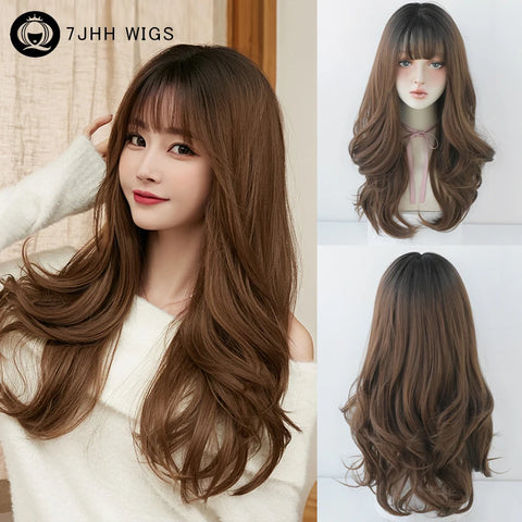 7JHH WIGS Honey Brown Wigs with Neat Bangs High Density Synthetic Loose Brown Hair Wig for Women Daily Use Beginner Friendly