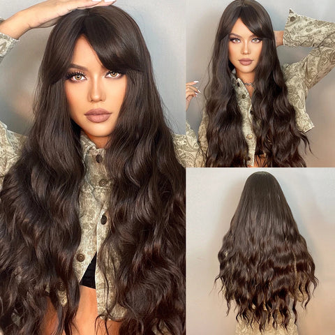 ALAN EATON Brown Highlight Synthetic Wigs with Bangs for Black Women Long Ombre Honey Brown Wave Wig Heat Resistant Hair Natural