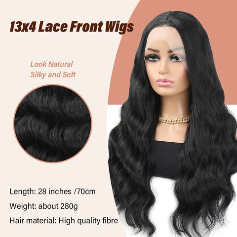 13×4 Transparent Lace Wig Long Ocean Wave Black Synthetic Lace Wig for Women Natural Hairline Heat Resistant wigs