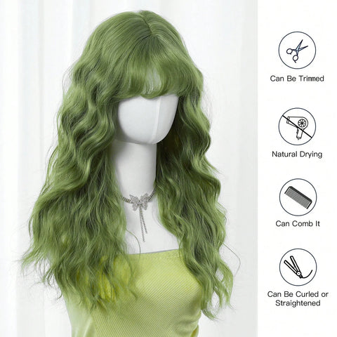 Long Curly Green Wave Synthetic Wigs with Bangs for Women Christmas Grass Green Cosplay Wigs Daily Natural Hair Heat Resistant