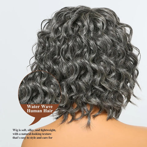 Luvin 16inch Water wave Bob Wig Salt and Pepper Human Hair Wigs Pre Plucked Grey Short Bob Wig Pre Cut 5x5 Closure Wig For Women