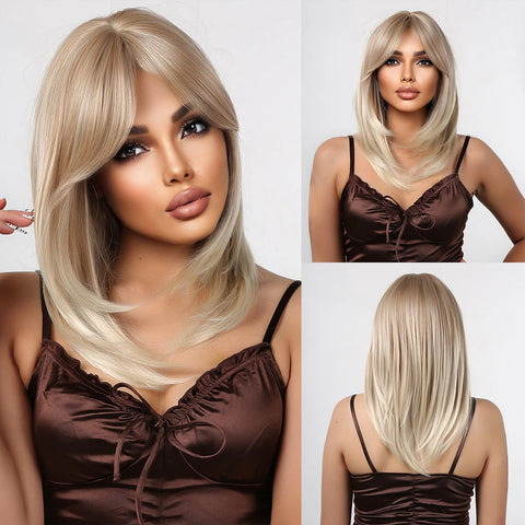 Short Straight Blonde Hair For Black Women Shoulder Length Layered Natural Hairline Synthetic Heat Resistant Wig