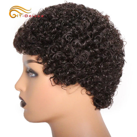 Short Kinky Curly Wigs Human Hair Machine Made Pixie Cut Wigs Brazilian Human Hair For Women Natural Black Curly Human Hair Wigs