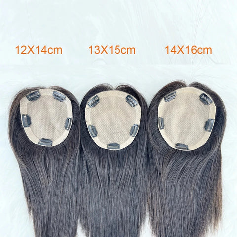 15x17CM Real Breathable Silk Base Topper Human Hair Curly Hand Tied Silk Top Toupee Virgin Hair Piece with Clips in for Women