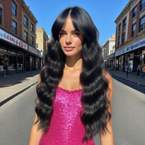 Fashion Purple to Gray Ombre Long Wavy Wig with Bangs for Women - 28 Inch Heat Resistant Synthetic Curls, Natural Style, Suitabl